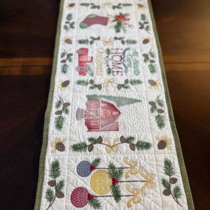 Country farmhouse embroidered and quilted holiday table runner